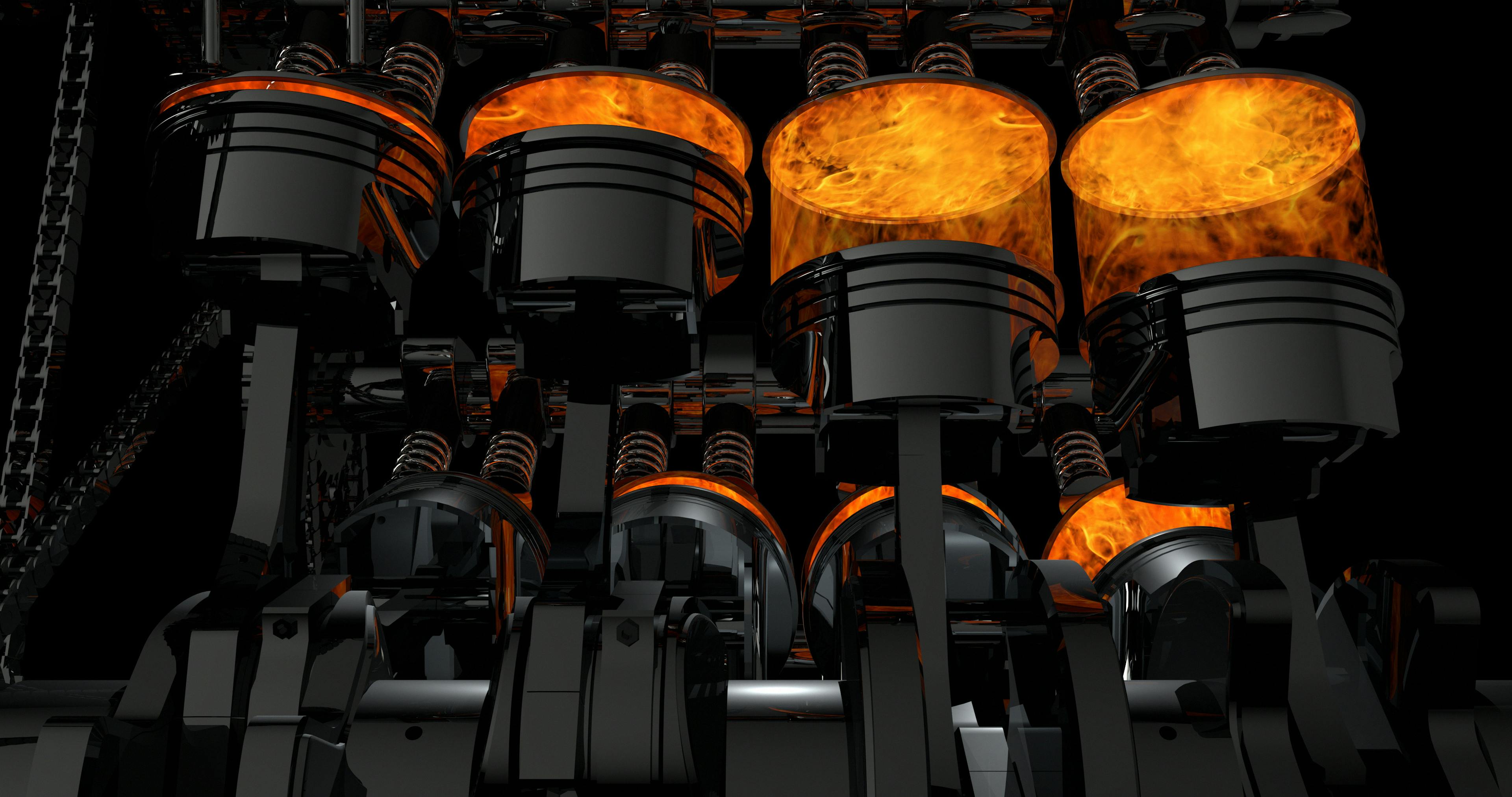 3D model fungujícího motoru V8. Piesty a iné mechanické části jsou v pohybu.